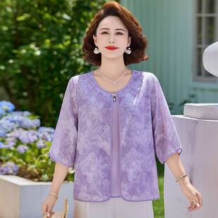 专柜官方妈妈夏装雪纺七分袖小衫2026新款中老年人女夏季假两件上