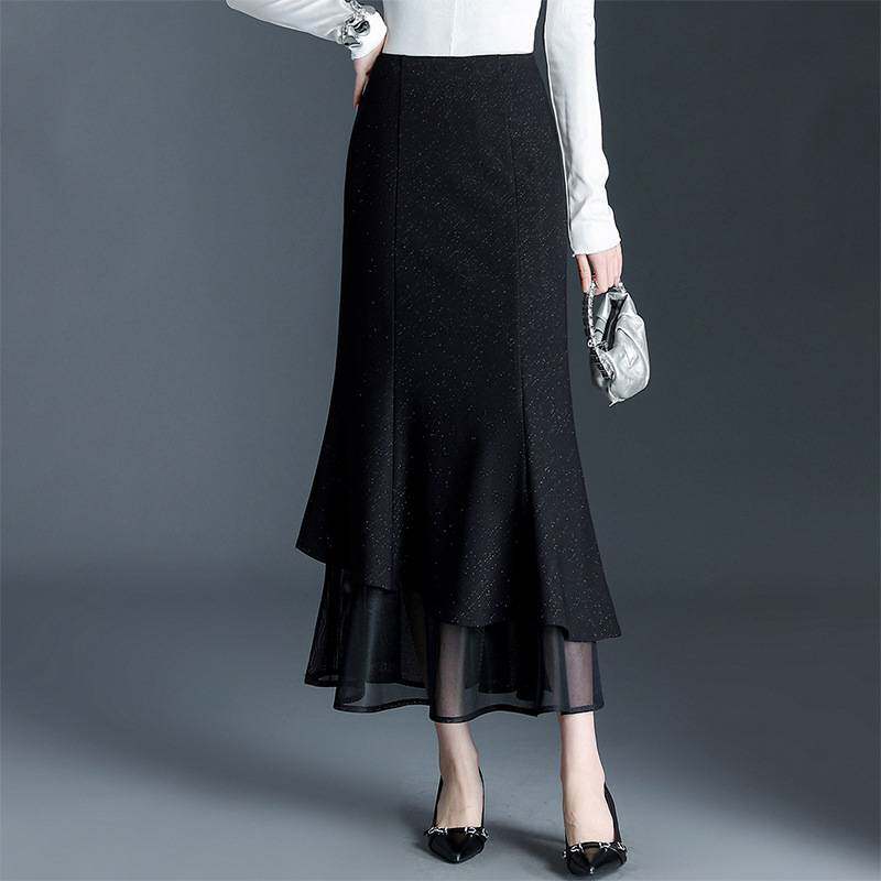 专柜品牌鱼尾裙女裙网纱边2026春季新款气质长裙垂感黑色半身裙包