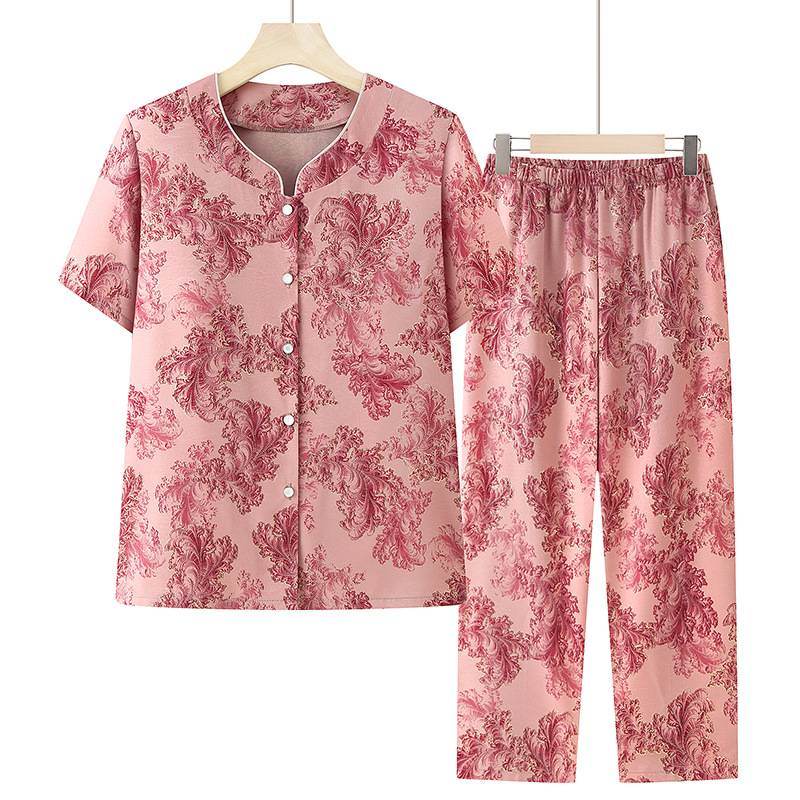 专柜官方老年人碎花短袖开衫裤子俩件套妈妈夏装凉快衣服奶奶宽松