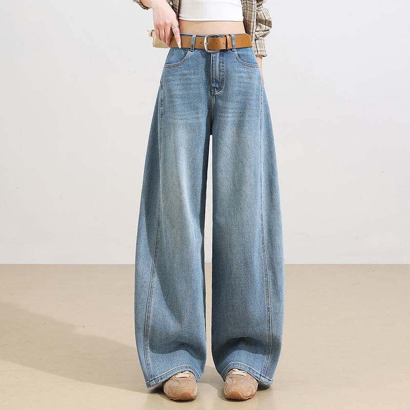专柜品牌蓝色阔腿弯刀牛仔裤女2026年春季新款高腰显瘦宽松垂感直