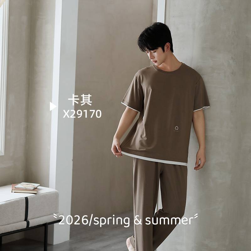 专柜官方夏季短袖长裤男款睡衣圆领纯色超柔莫代尔男生家居服简约