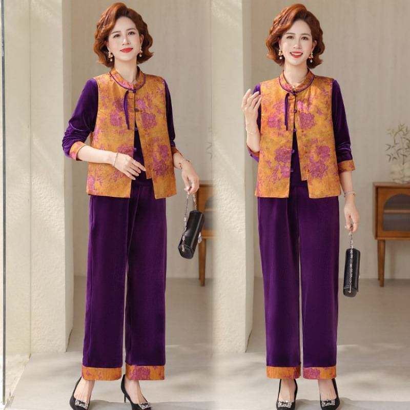 专柜品牌妈妈装春秋款新中式套装中老年女立领复古马甲三件套洋气