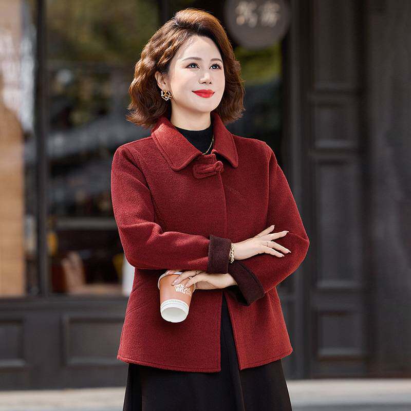 专柜官方中年妈妈秋装双面呢上衣阔太太高贵宽松呢大衣中老年女装