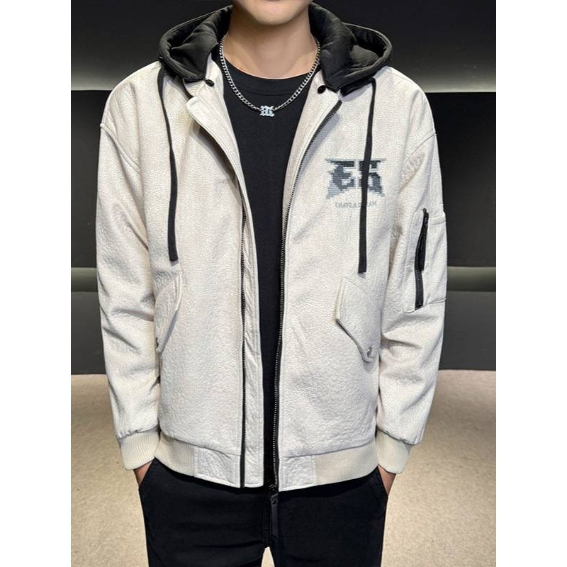 专柜品牌男士加绒加厚连帽皮衣2025年秋冬新款男装青年时尚休闲百