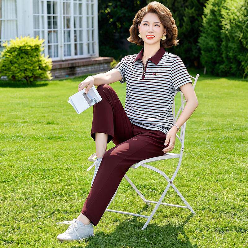 专柜官方妈妈夏装运动服套装条纹T恤2026新款中老年女夏季短袖上