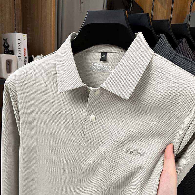 专柜品牌2025秋季新款中年男士时尚休闲翻领长袖T恤衫宽松打底上