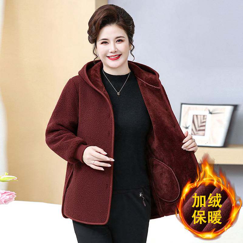 专柜官方妈妈冬装加绒加厚款时尚外套中老年女装连帽保暖加大码颗