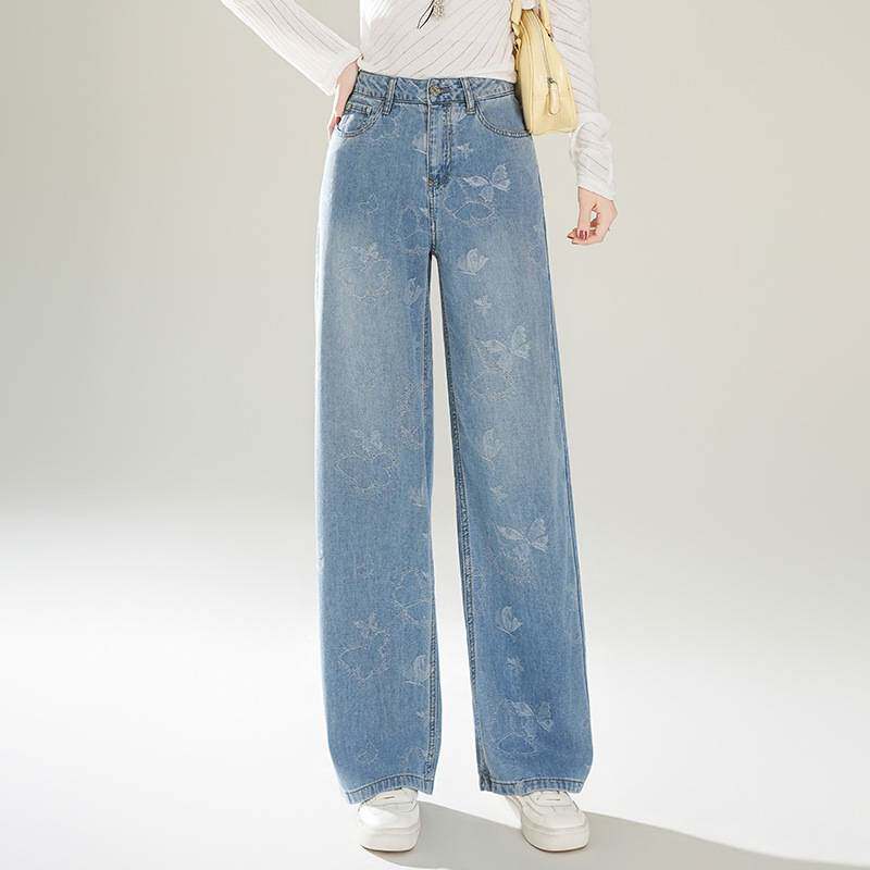 专柜品牌美式复古蝴蝶蓝色牛仔裤女2026春季新款高腰显瘦阔腿裤水