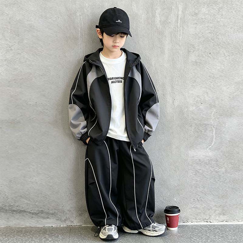专柜品牌男童套装春秋大儿童连帽拼色运动装青少年大码宽松两件套