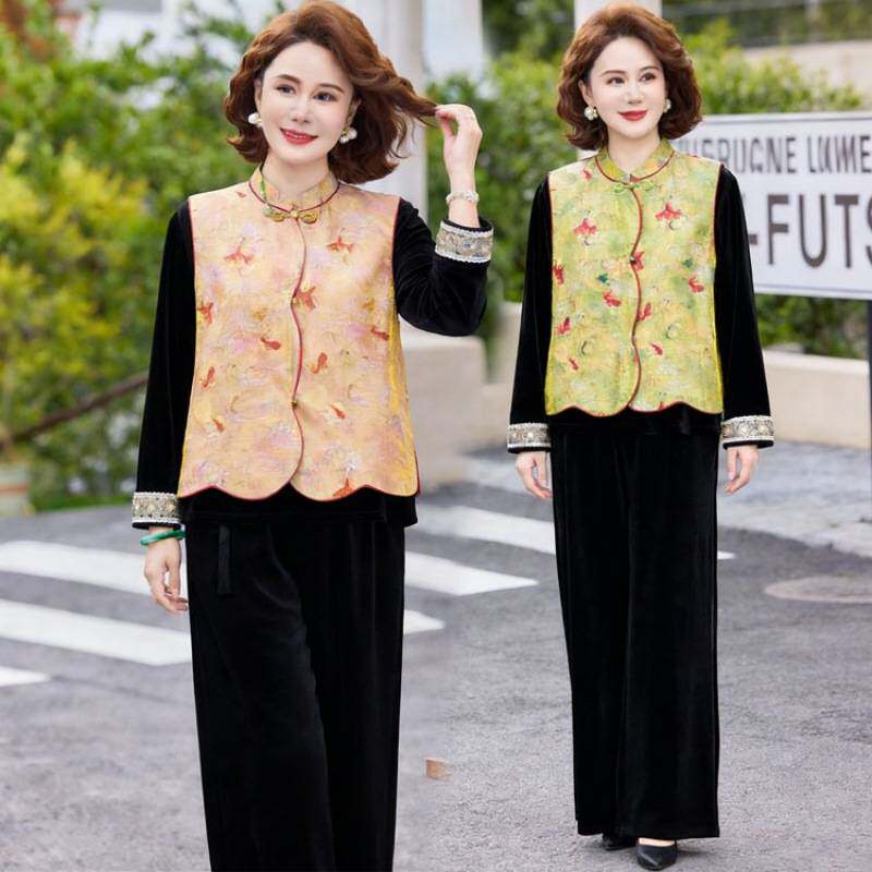 专柜品牌中年妈妈春装金丝绒套装中老年女春秋国风马甲老人衣服高