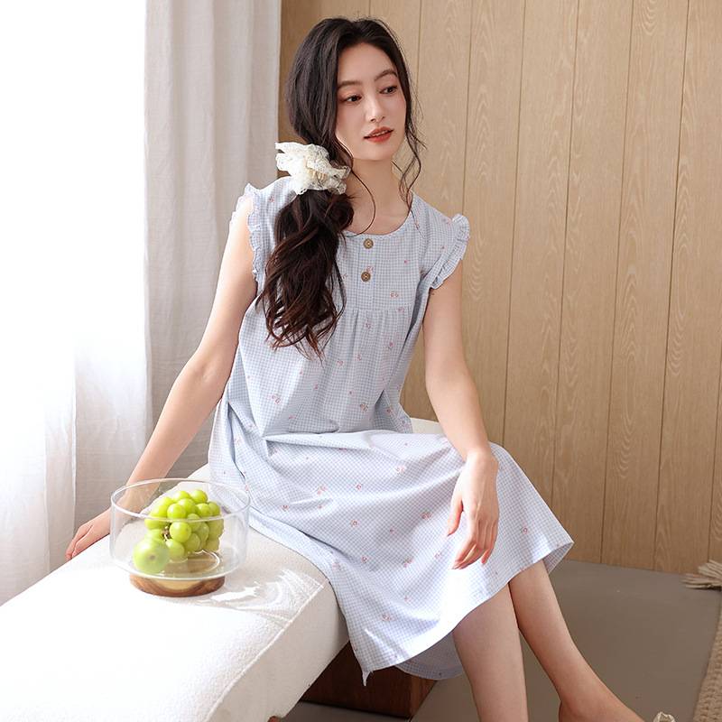专柜官方纯棉无袖背心睡裙女夏季蓝色格子中长款连衣裙宽松透气全