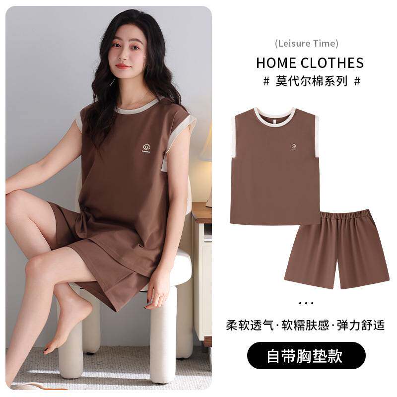 专柜官方带胸垫睡衣女夏季莫代尔无袖背心短裤薄款夏天冰丝凉感休