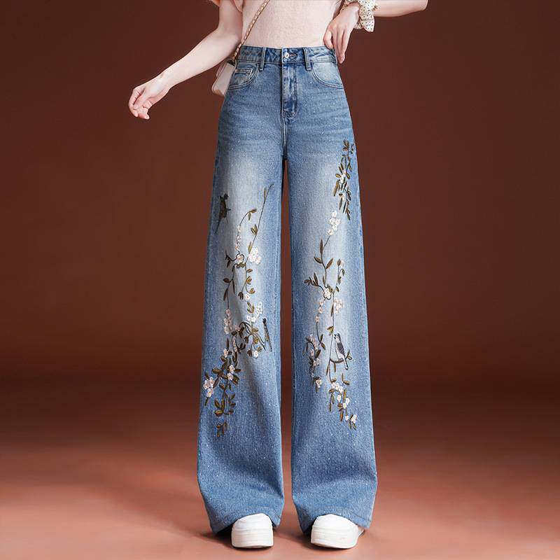 专柜品牌2026春秋新款绣花阔腿牛仔裤女装重工时尚气质减龄垂感休