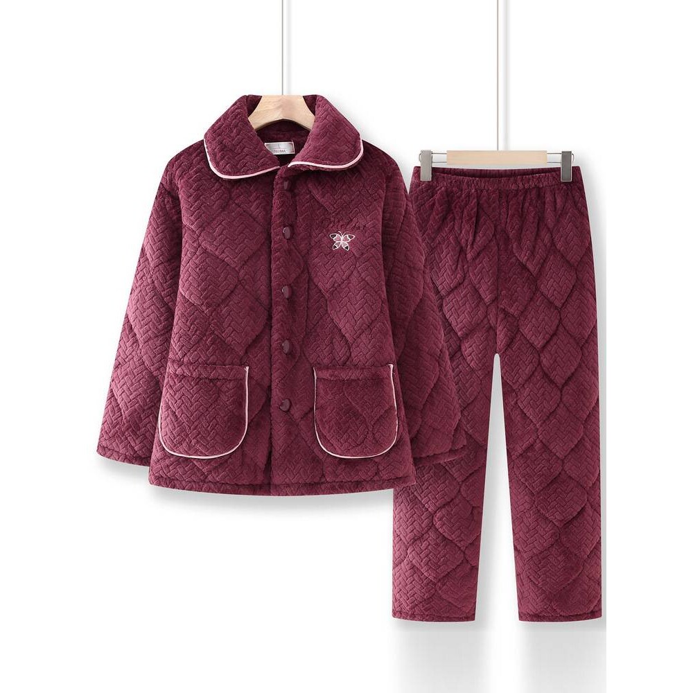 专柜品牌中老年妈妈款睡衣女秋冬季珊瑚绒加绒加厚三层夹棉保暖家