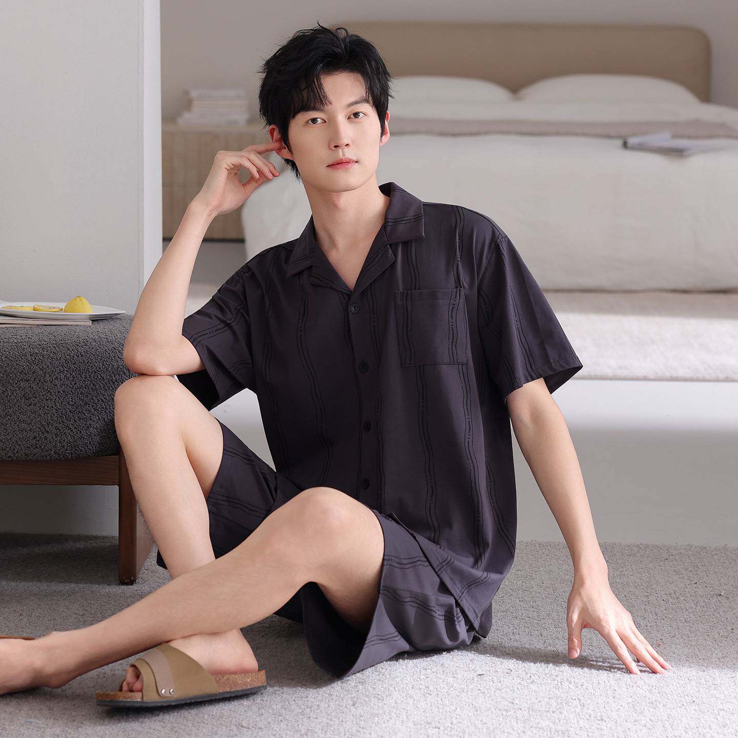 专柜官方男士睡衣夏季短袖短裤开衫薄款男款纯棉可外穿宽松大码新