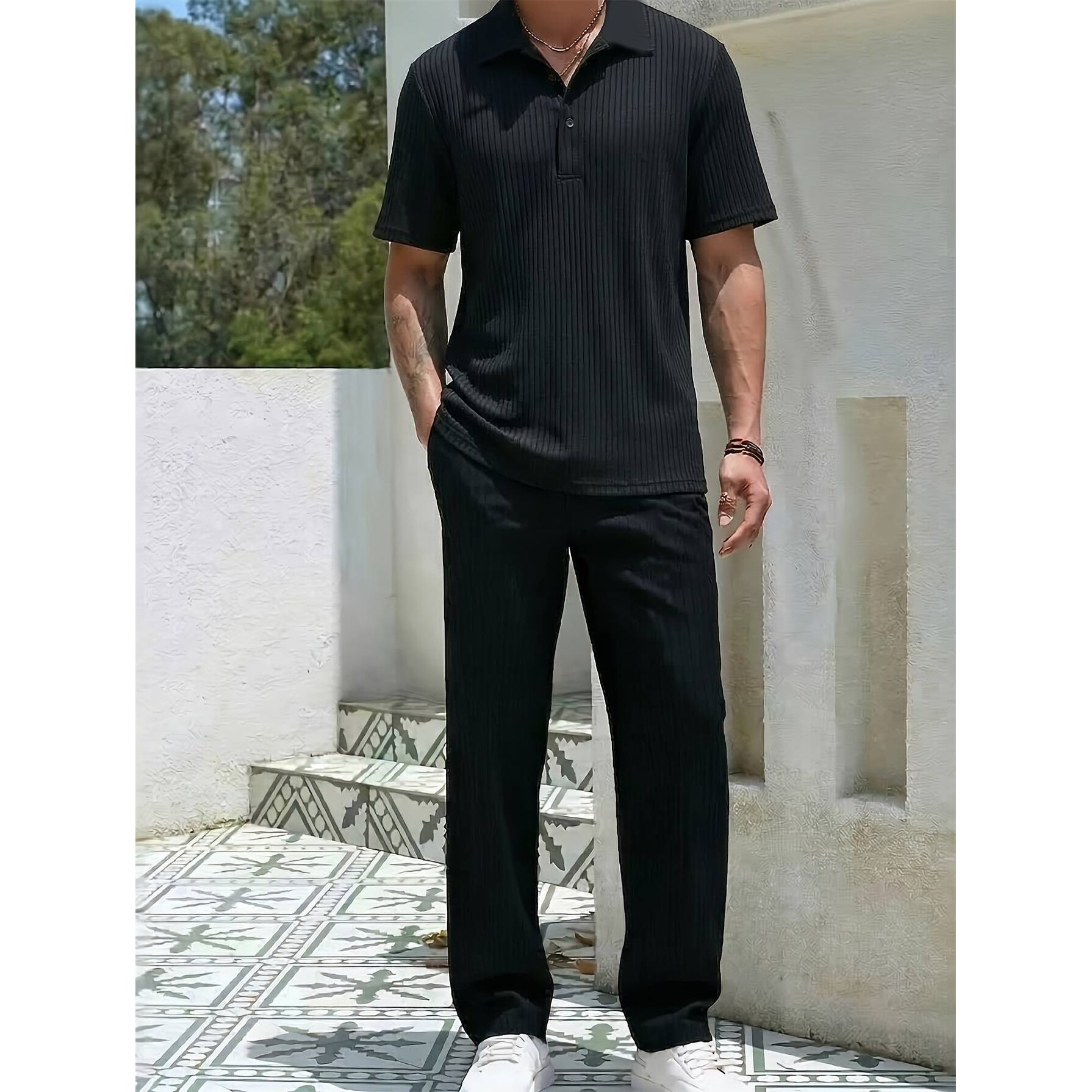专柜官方欧美条纹两件装男士休闲套装冰丝上衣夏季男POLO衫短袖时
