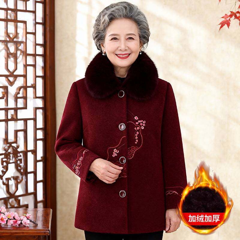 专柜品牌中老年女装洋气保暖棉服妈妈冬装加绒加厚毛呢外套奶奶仿