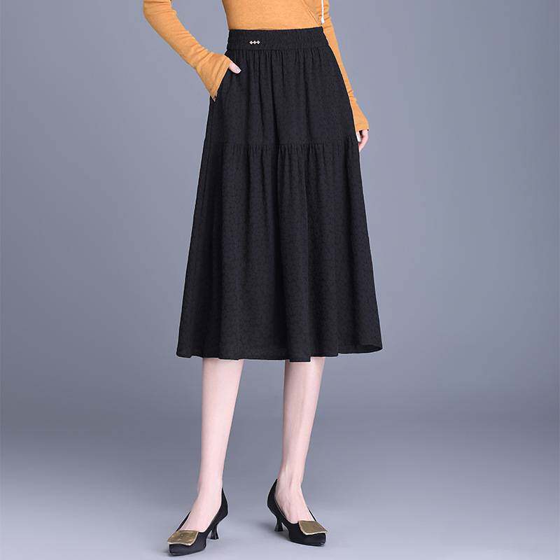 专柜品牌松紧腰提花半身裙女春秋季中长款A字裙2026新款褶皱大摆