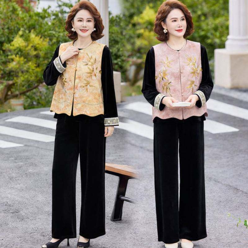 专柜品牌洋气妈妈春装金丝绒套装中老年春秋季刺绣马甲上衣新中式