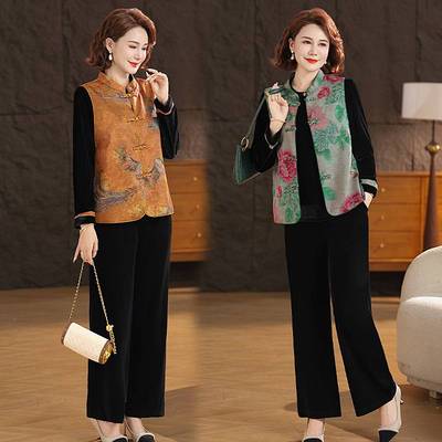 专柜品牌妈妈秋装金丝绒套装复古风中老年人女春秋马甲小衫奶奶衣
