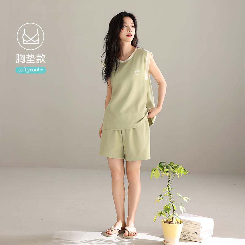 专柜官方背心睡衣女士夏季纯棉带胸垫薄款全棉家居服夏天简约无袖