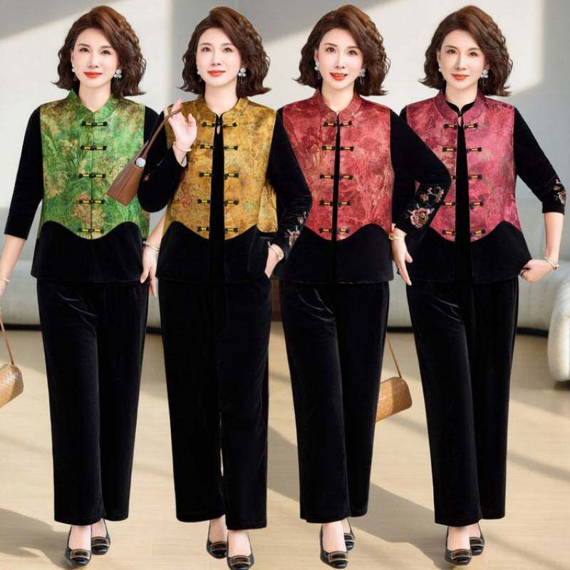 专柜品牌新中式风妈妈装马夹背心三件套中老年女装洋气高贵气质套