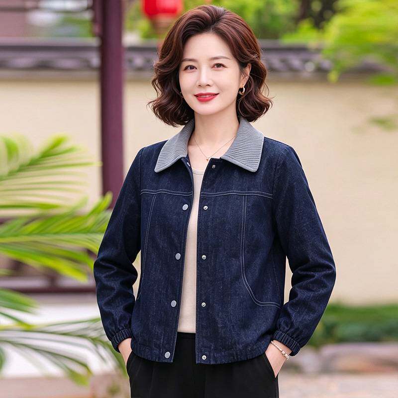 专柜官方2026款时尚牛仔风翻领短外套女新款妈妈装百搭显瘦减龄型