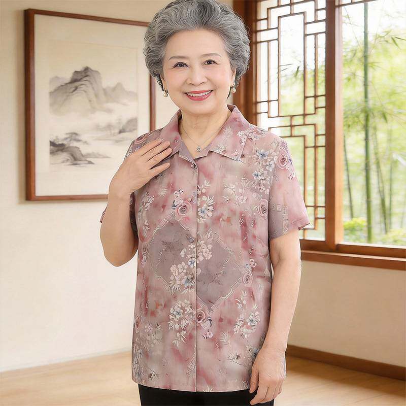 专柜官方妈妈夏装短袖裤子两件套中老年人女士套装70岁老太太翻领