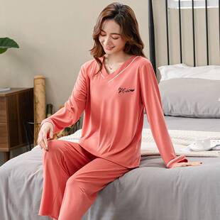 专柜品牌春秋季莫代尔睡衣女士圆领长袖翻领简约宽松凉感弹力家居