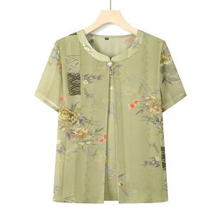 专柜官方老年人夏装妈妈假两件圆领小衫减龄套装奶奶短袖休闲裤国