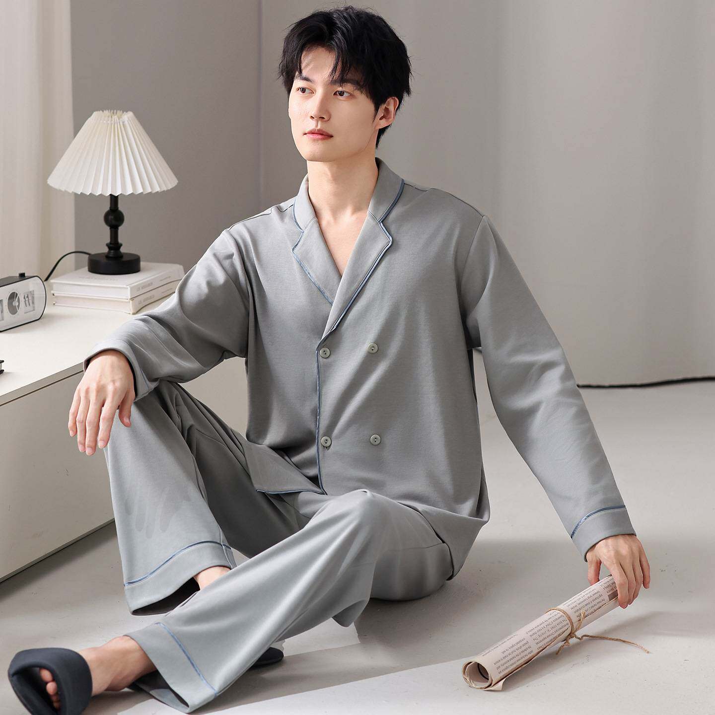 专柜品牌春秋季纯棉睡衣男长袖开衫套装全棉100%棉高级感简约家居