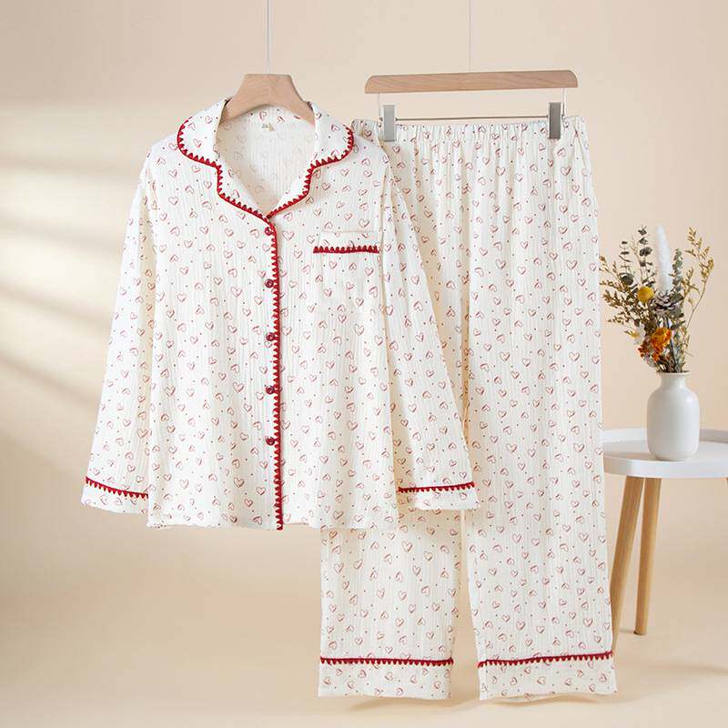 专柜品牌26新款绉布翻领长袖两件套女小爱心压边长袖长裤纯棉家居