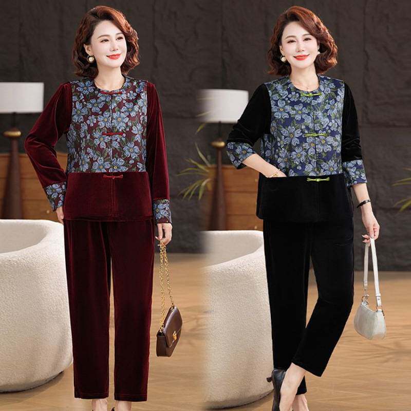 专柜品牌胖妈妈秋装金丝绒套装洋气中老年春秋新中式马甲上衣大码