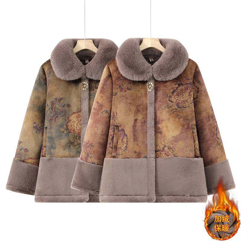 专柜品牌中老年女装奶奶冬季加绒加厚新中式毛领大衣妈妈时尚保暖