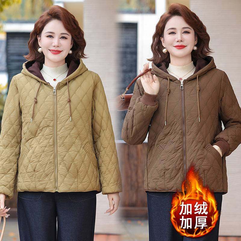 专柜品牌中老年女秋冬连帽棉衣洋气短款夹棉上衣妈妈冬装加棉加厚