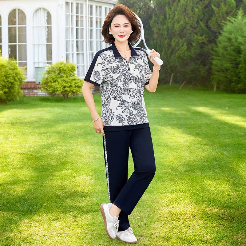 专柜官方妈妈夏装洋气翻领上衣中年女装新款短袖T恤中老年休闲运