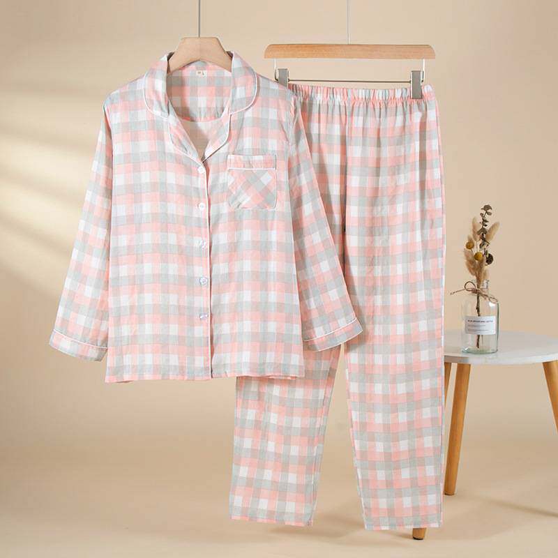 专柜品牌情侣睡衣女春秋季双层棉纱格子薄款家居服男士长袖长裤装