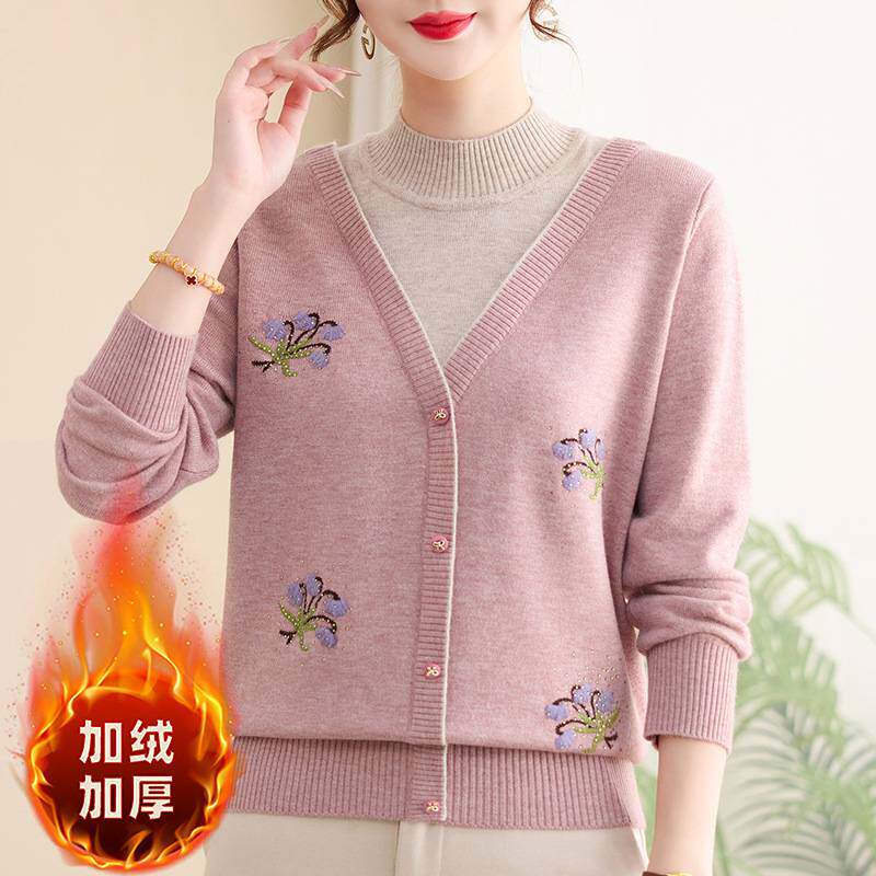 专柜官方妈妈装秋冬半高领加绒毛衣女一体绒打底针织衫大码刺绣保