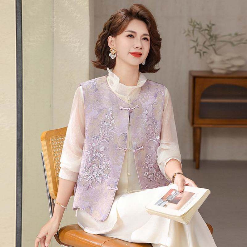专柜品牌春装新中式刺绣马甲女中老年妈妈装开衫盘扣背心气质外套