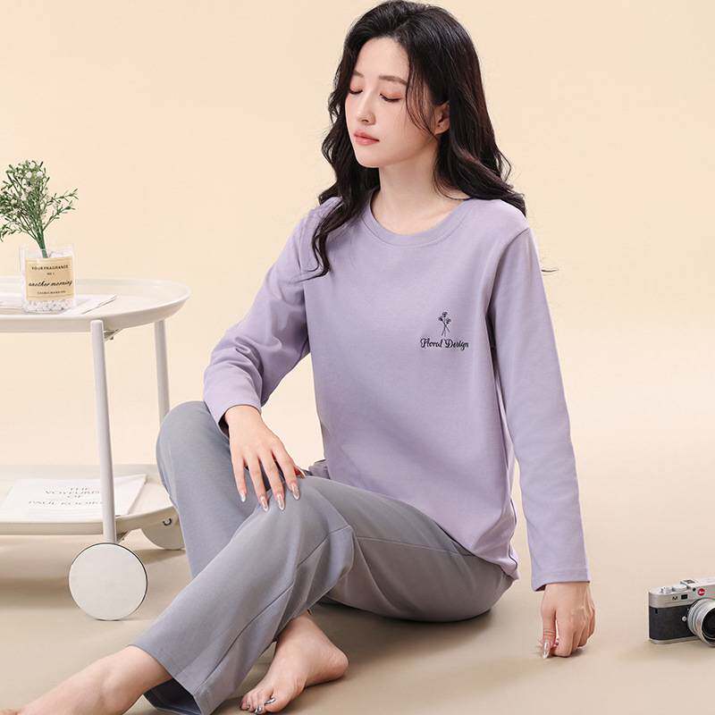 专柜品牌纯棉睡衣女春秋季长袖圆领套装拼色全棉家居服女大码薄款