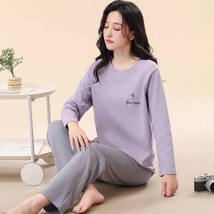 专柜品牌纯棉睡衣女春秋季长袖圆领套装拼色全棉家居服女大码薄款