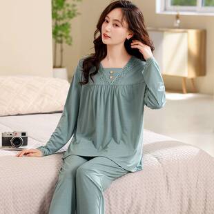 专柜品牌睡衣女春秋休闲套头莫代尔圆领长袖长裤甜美女士家居服套