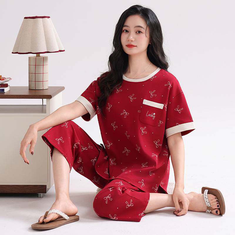 专柜官方带胸垫睡衣女款2026新款夏季纯棉短袖七分裤薄款大码酒红
