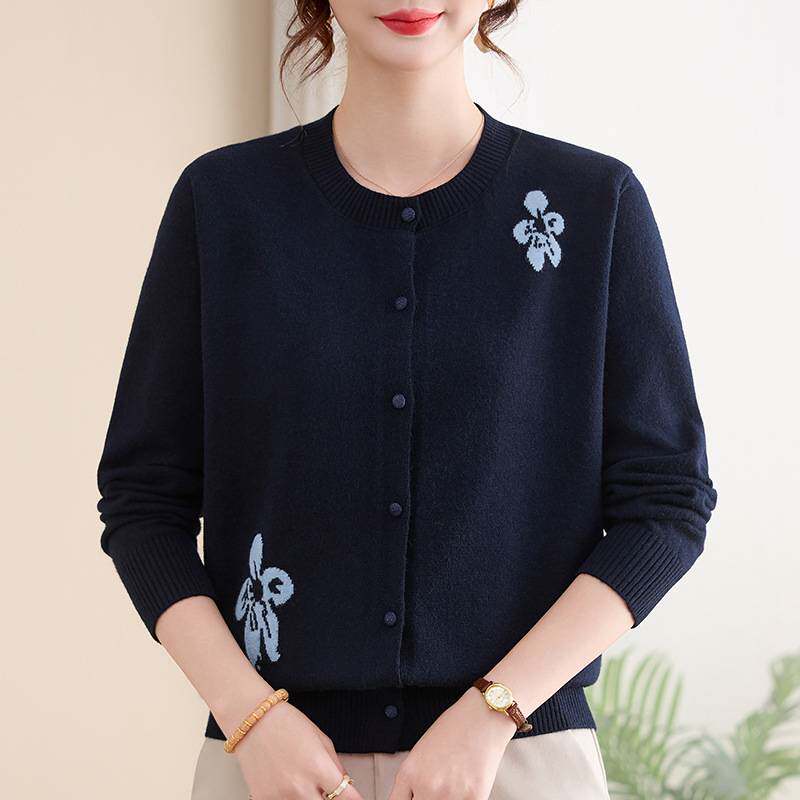 专柜官方中老年女薄款圆领针织开衫妈妈装春秋多色宽松外套洋气质