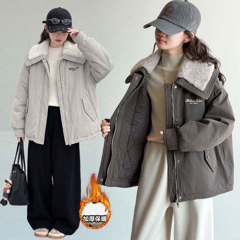 专柜品牌女童夹棉加厚工装派克服秋冬2026新款大毛领棉服保暖夹克