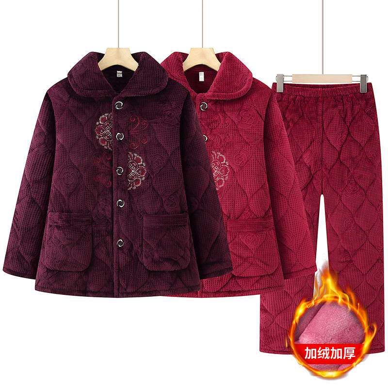 专柜品牌中老年人冬装睡衣女奶奶加绒加厚棉衣棉裤套装妈妈超厚保