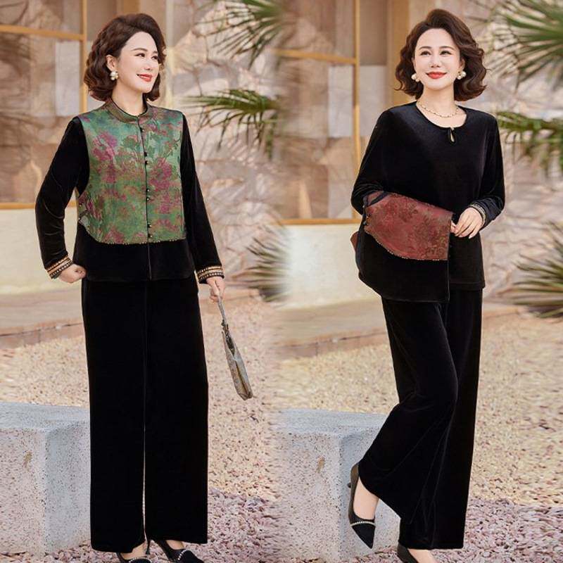 专柜品牌妈妈套装新中式春秋马甲中老年女装秋装金丝绒三件套上衣