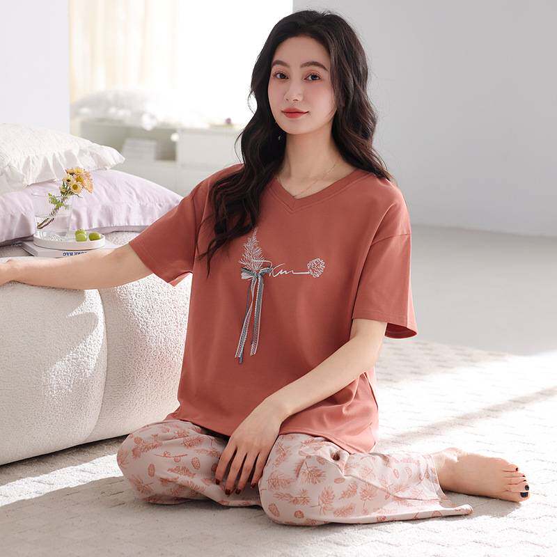 专柜官方带胸垫睡衣女夏季纯棉2026新款薄款短袖长裤可外穿全棉家