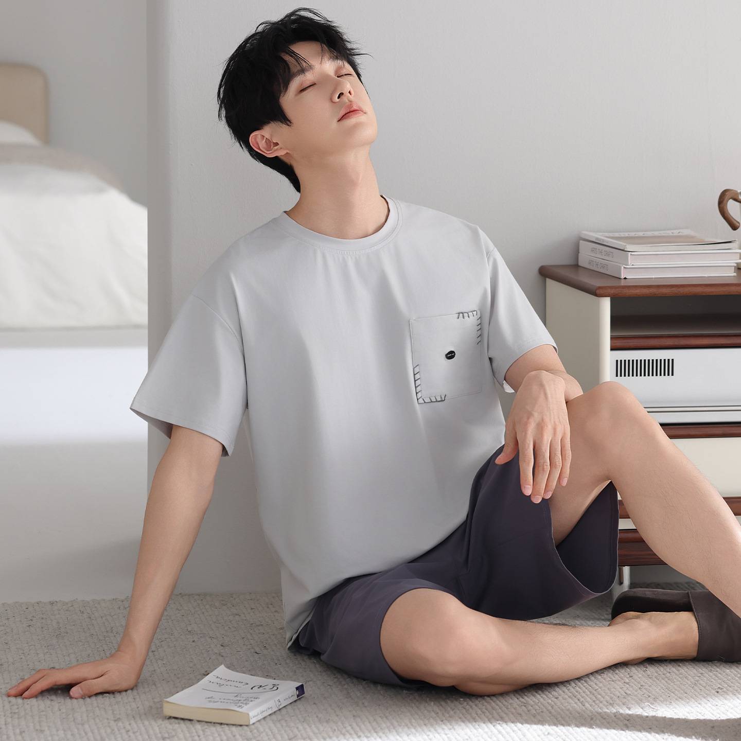 专柜官方男士睡衣夏季短袖纯棉薄款大码休闲简约夏天男款家居服可