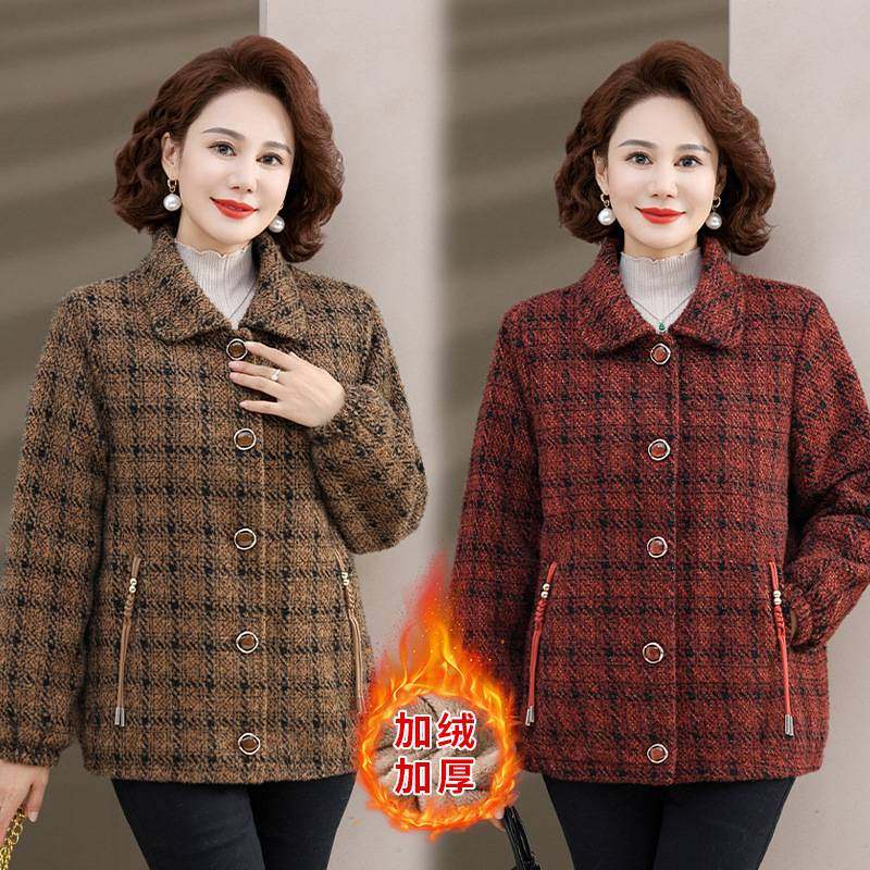 专柜品牌中老年女冬季仿水貂绒毛呢上衣妈妈冬装加绒加厚外套加厚